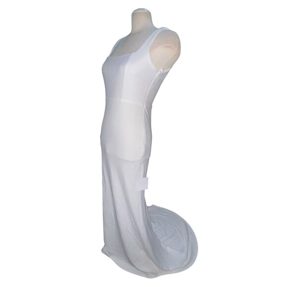 Lulus Open Bow Back Sleeveless Square Neck Maxi Wedding Dress with Train Sz Medi - Picture 12 of 13